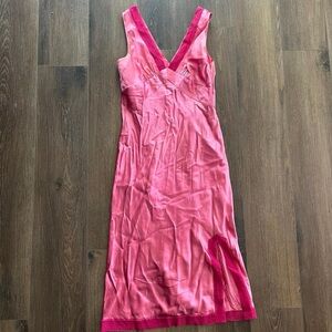Pink Express Silk Midi Dress with Side Slit and Lace Trim detailing